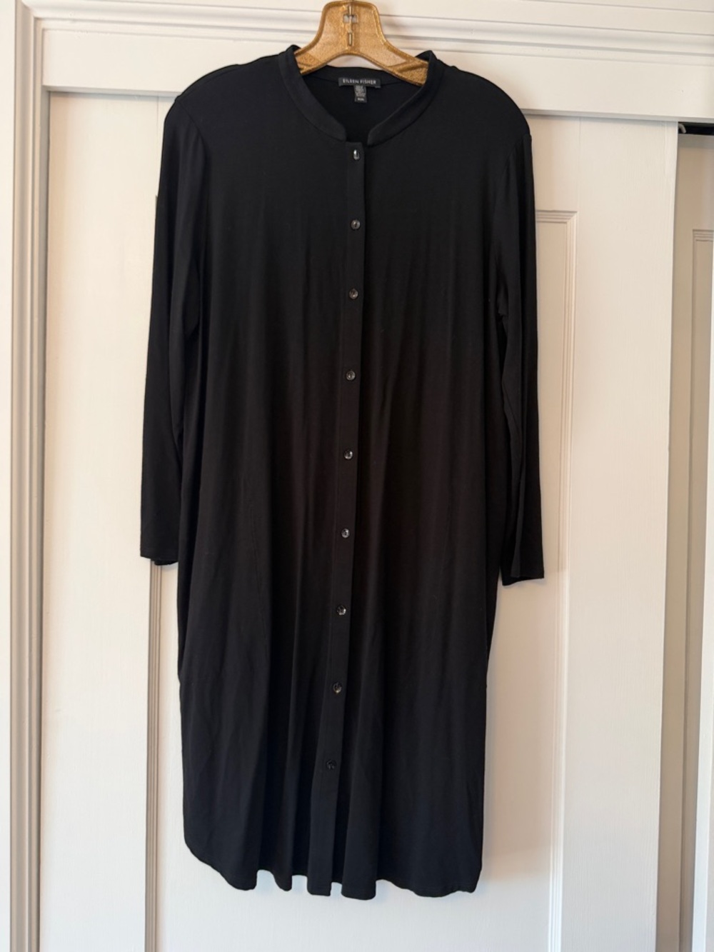 Eileen Fisher Black Long-Sleeve Button-Front Viscose Spandex Dress
